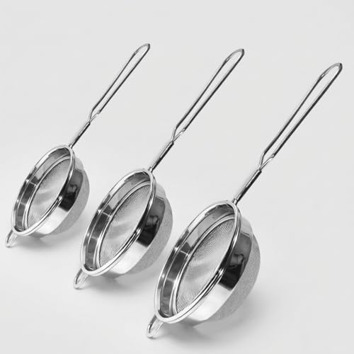 Image of Stainless Steel Tea Strainer Set of 3 (8 cm) Fine Mesh Chai Chhalni - Tea & Coffee Filter, Juice and Oil Strainer with Durable Handle, Rust Proof Kitchen Strainer for Smooth Brewing