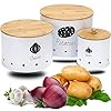 Potato and Onion Storage Bins with Wooden Lid - Set of 3 Ideal Garlic, Onion, and Potato Storage for Pantry - Potato Onion Garlic Kitchen Storage Containers - Stainless Steel Aerating Tin with Freshness lock- (White)
