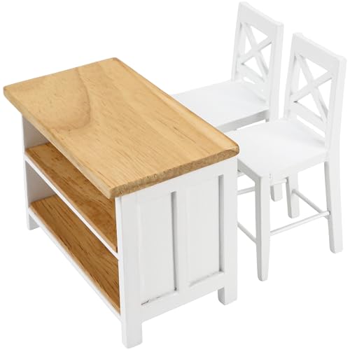 1/12 Dollhouse Kitchen Islands Dining Table Chairs Set – Miniature Kitchen with Stools, Modern Wood Furniture for Dollhouse Room Decor – Realistic Miniatures for Restaurant Bar Pub Barbie Crafts