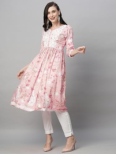 Image of RATAN Women's Rayon Printed Anarkali Lucknowi Chikankari Ethnic Wear Kurta