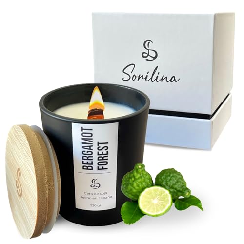 SORILINA Vela Aromática de Bergamota, Vela de Soja Natural con Mecha de Madera - Vela Perfumada Grande para Regalo, Vela Decorativa Larga Duración - 220gr 55h - Hecho a Mano en España