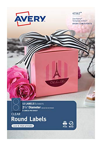 Avery Round Labels, Glossy Clear, 2-1/2 Diameter, Laser/Inkjet, 4x6 Sheets, Pack of 12 (41562)