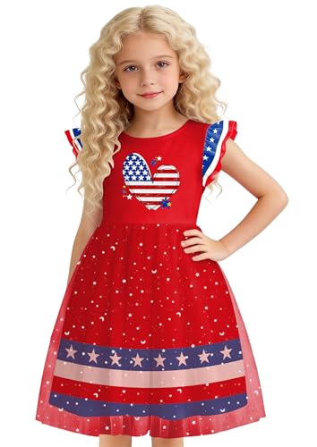 Image of Girls 4th of July Dress American Patriotic Outfit USA Independence Day Clothes Flutter Sleeve Tulle Tutu Dress 5-14y