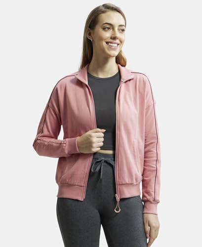 Image of Jockey A111 Women Super Combed Cotton French Terry Drop Shoulder Styled Jacket with Ribbed Cuff and Hem