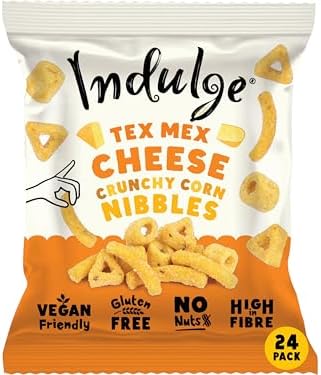 Indulge - Crunchy Corn Nibbles - Tex Mex Cheese Flavour - Gluten Free, Low Salt, Low Fat, Nut Free, Vegan - 20g x 24 bags (20g (Pack of 24), Tex Mex Cheese)