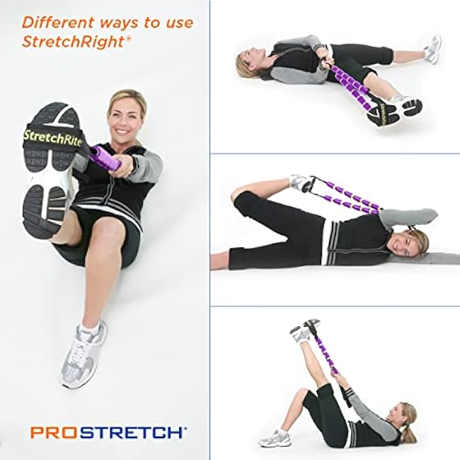 StretchRite Physical Therapy Full Body Stretching Strap with Patented Easy Grip Handles for Sore and Tight Muscles, Includes Coaching Guide (Purple/Yellow)