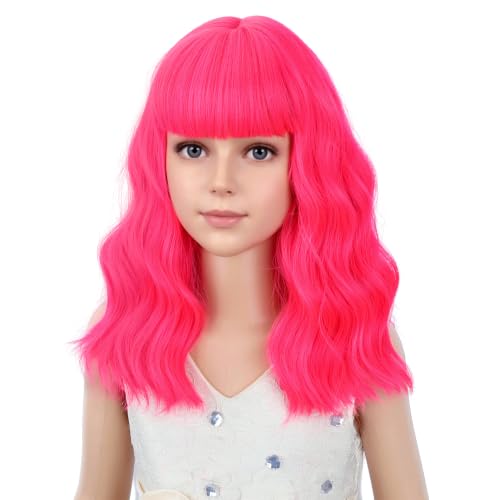 Image of PATTNIUM Light Hot Pink Wig for Kids Girls Short Curly Wavy Wigs with Bangs Neon Pink Shoulder Length Wavy Synthetic Wig Halloween Cosplay Costume Party Wig