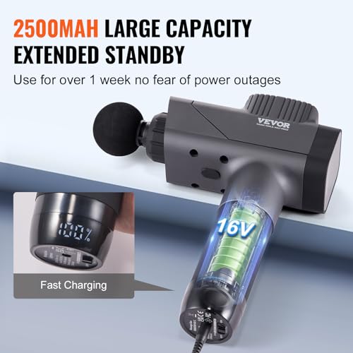 VEVOR Massage Gun Deep Tissue, Percussion Muscle for Athletes - with 8 Speed Levels & 6 Heads, 16V 2500mAh Batteries - Image 5