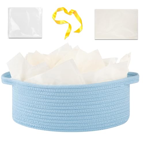OIAHOMY Gift Basket with Handle, Small Woven Basket with Gift Bag, Ribbon and Wrap Tissue Paper, Nursery Bins Empty to Fill with Small Items, Baby, Pet Toy Organizer - Blue