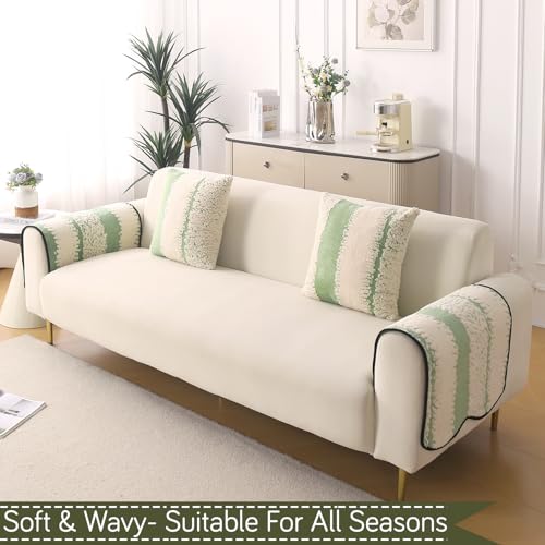 Image of HOKIPO Luxury Wavy Plush Anti-Slip Sofa Armrest Covers | 1 Pair - Pistachio Green (NEW-AR-5979-GRN*2)