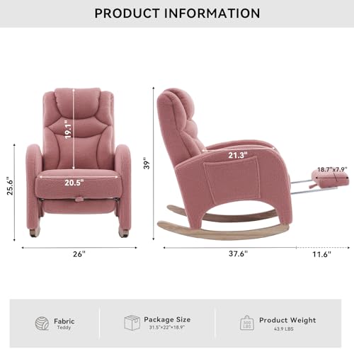 FOXHUNTER-Rocking-Chair-Nursery-Modern-Glider-Chair-with-Adjustable-Footrest-and-Solid-Wood-Legs-High-Backrest-Nursery-Chair-with-Side-Pocket-Rocker-Armchair-for-Living-Room-Bedroom-Teddy-Pink FOXHUNTER Rocking Chair Nursery Modern Glider Chair with Adjustable Footrest and Solid Wood Legs High Backrest Nursery Chair with Side Pocket Rocker Armchair for Living Room Bedroom Teddy Pink