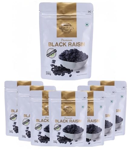 Image of KHARAWALA'S Afghani Black Raisins with Seeds - Pack of 8 (250gm Each) | Kali Kishmish | Munakka | Dry Fruits | Premium Abjosh | Healthy Nuts