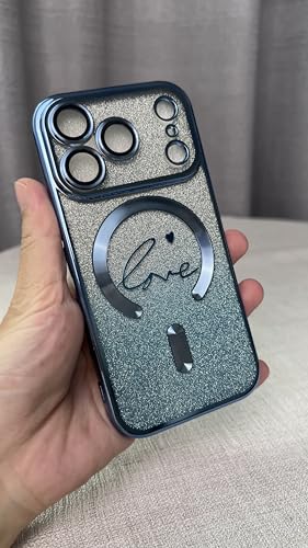 Coque antichoc compatible 17 Pro Max avec aimant puissant Magsafe pailletée bleu