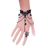 QTMY Black Gothic Style Lace Ring Chain Bracelet Party Jewelry Set for Women