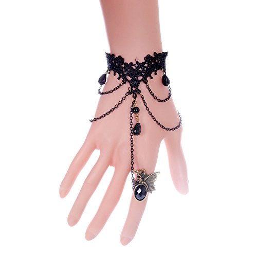 QTMY Black Gothic Style Lace Ring Chain Bracelet Party Jewelry Set for Women