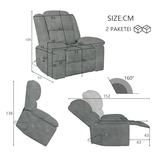 BPKADHY Elektrischer Relaxsessel, Massagesessel mit Kippfunktion und Vibration, elektrischer Massagesessel, Fernsehsessel, Relaxsessel, 160° neigbar (grauer Stoff) – Bild 3