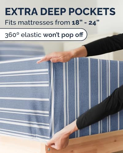 Image of Extra Deep Twin XL Sheet Set - 4 Piece Breathable & Cooling - Blue Stripes | Hotel Luxury Bed Sheets Set, Easy & Secure Fit, Ultra-Soft, Wrinkle & Fade Free, Comfy Sheets Set with Extra Deep Pockets