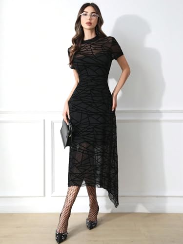 Image of GothDark Women Summer Wedding Guest Floral Mesh Irregular Hem Midi Dress | A-Line, Short Sleeve, Sheer Mesh Overlay, Elegant Vintage Dresses For Party, Semi Formal, Vacation, Dinner, Church