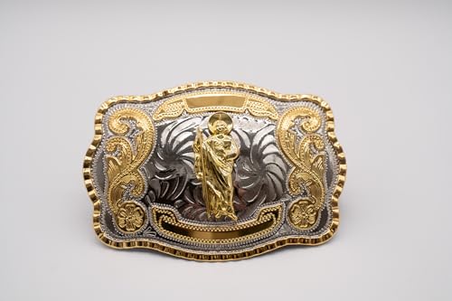 Image of WMG Western St Jude Belt Buckle Gold Silver Saint Jude San Judas Cowboy Buckle Hebilla Vaquero Rodeo