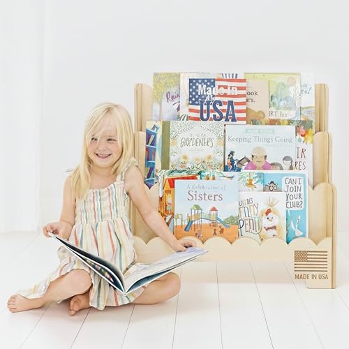 Fable Twig Wooden Kids Bookshelf w/Scalloped Edges- Made in USA- Perfect Height 3-Tier Montessori Shelf- Durable Childrens Bookcase for Kids Room or Playroom- Baby Book Shelf Nursery