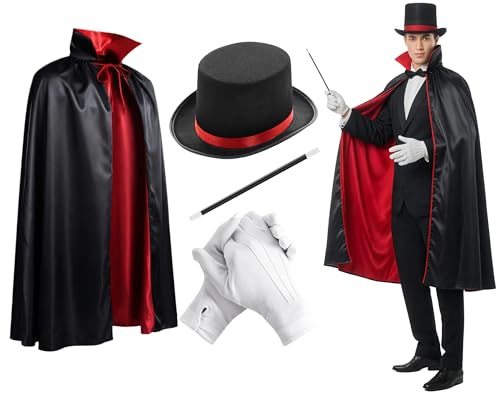 Croknit 4 Pcs Red Black Magician Set Wizard Ribbon Hat Cape Gloves Wand Unisex Gothic Costume for Halloween Cosplay Stage(39 Inches,Dark Red and Black)