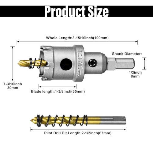 Image of SALI 1-3 /16 inch (30mm) TCT Hole Saw Kit Tungsten Carbide Tipped Hole Saw Drill Bit with Titanium-Plated Pilot Drill bit for Metal, Stainless Steel, Iron, Wood, Plastic