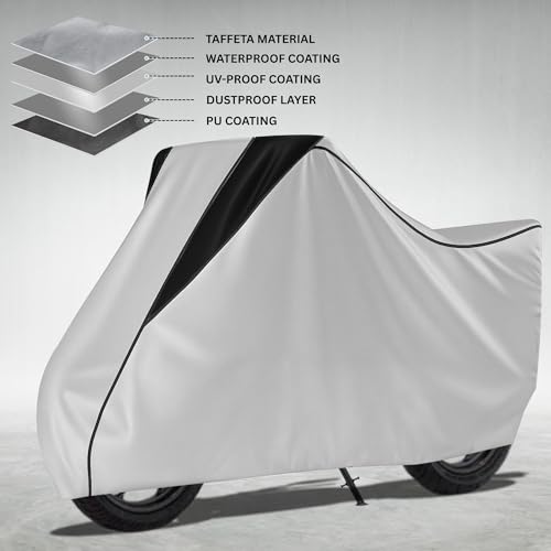 Image of Taffeta Bike Cover Premium Waterproof, Dustproof & UV Protected Two-Wheeler Body Shield | Heavy-Duty, All-Weather Protection | Universal Fit for Motorcycles & Scooters (Silver Top Black Kally)