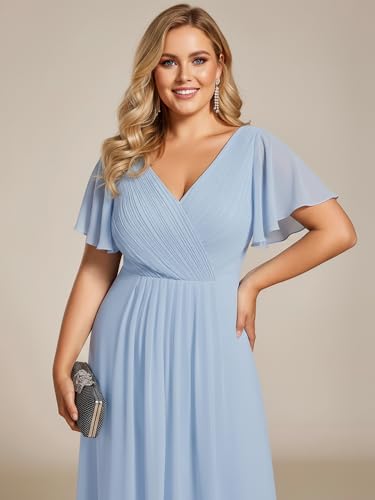 Image of Ever-Pretty Plus Summer Short Sleeves V-Neck Formal Wedding Guest Dresses for Curvy Women Chiffon Midi Cocktail Party Dress