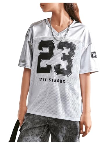 Image of Floerns Girl's Jersey Shirt Printed Oversized Short Sleeve Mesh Tee Shirts V Neck Sport Jersey Shirts
