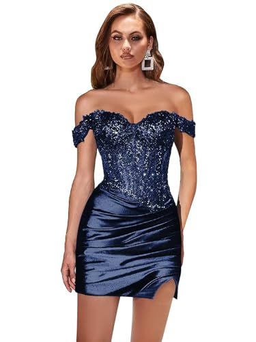Sparkly Sequin Off The Shoulder Homecoming Dress Lace Applique Corset Formal Evening Dresses with Side Slit
