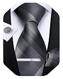 DiBanGu Plaid Ties for Men Silk Checkered Necktie and Pocket Square Cufflinks Tie Clip Set with Gift Box for Wedding Business, Charcoal Grey