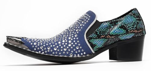 Santimon Men’s Rhinestone Loafers with Pointed Metal Toe – Slip-On Party Dress Shoes with Glitter Vamp & Chunky Heel for Stage, Prom, Wedding, Nightclub2