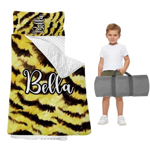 Custom Name Nap Mat for Toddlers, Kids Sleeping Mat with Pillow and Blanket Set for School, Yellow Leopard Print Sleeping Bag with Handle for Daycare Boys and Girls