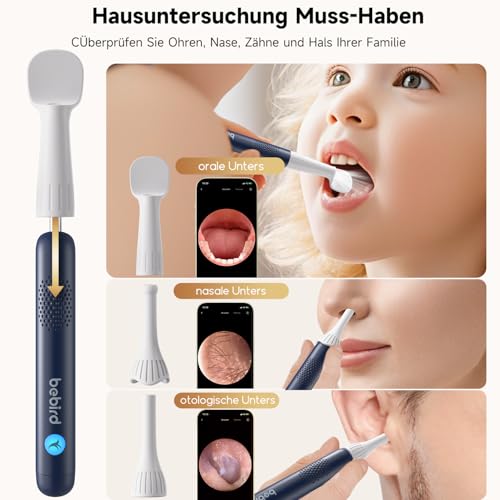 BEBIRD R1 Ultra Ohrenschmalz Entferner Kamera, Ohrenreiniger mit Otoskop für Zuhause, Komplett-Set mit Sichtbarer Dropper & Pinzette, Für Ohr & Nase & Rachen Untersuchung der Familie-Blau