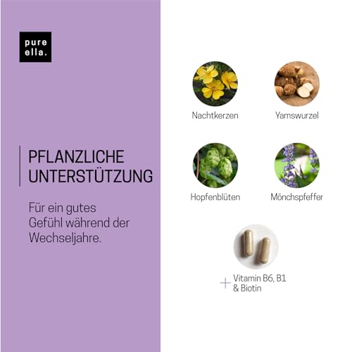 Pure Ella WECHSELJAHRE - Vitalstoffkomplex für Frauen bei Symptomen der Wechseljahre - Enthält Nachtkerzenöl, Yamswurzel und Mönchspfeffer - Natürlich, Hormonfrei, Vegan - 60 Menopause Kapseln