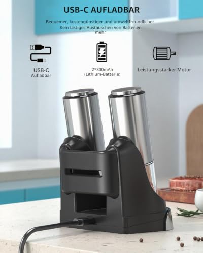 CIRCLE JOY Wiederaufladbares Elektrische Salz und Pfeffermühle 2er Set aus Edelstahl mit 2-in-1 Ladestation, 95ml Behälter… – Ansicht 4