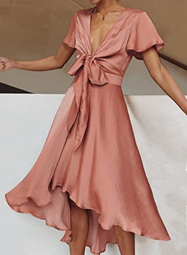 Image of miduo Womens Satin V Neck Ruffle Short Sleeve Tie Front High Waist Midi A-Line Maxi Dresses