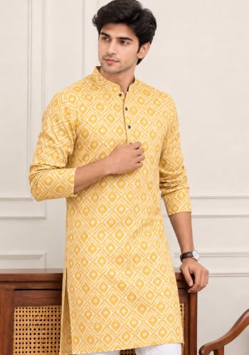 Image of FOXDX Men's Cotton Kurta, Ethnic Printed Kurta for Perfect Ethnic Look, Stand Collar Long Sleeve Casual Printed Regular Long Kurta