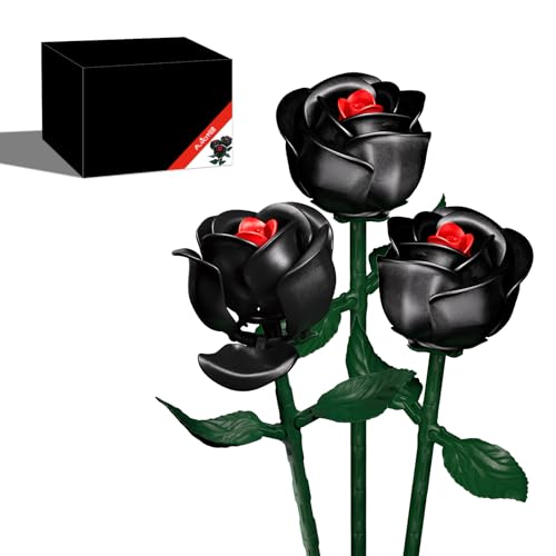 Black Roses Bouquet Building Set - Gothic Artificial Flowers Botanical Collection Blocks Kit for Adults, Ideal Home Decor for - 3 Pack Christmas or Valentine's Day Gift