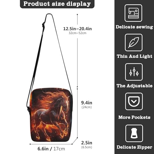 Crossbody Bag Fire Flame Horse Animal Messenger Bag for Women Men Purse Shoulder Bag Satchel Bag with Adjustable Strap 202a09393