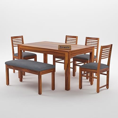 Image of Solid Sheesham Wood Dining Table 6 Seater | Rectangle Six Seater Dinning Table with 4 Chairs & 1 Bench for Home | Kitchen Dinner Table 6 Seater | Dining Room Sets for Restaurants | Teak Finish