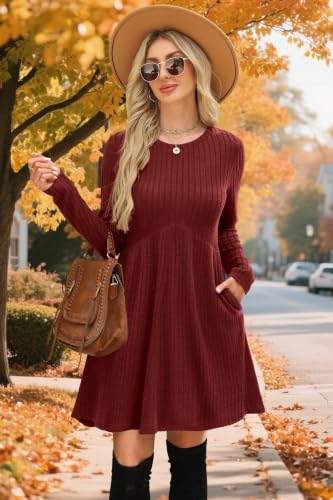 Image of OFEEFAN Long Sleeve Dress for Women Crew Neck Empire Waist Tunic Dress with Pockets