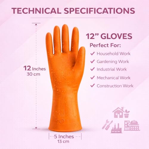 Image of Heavy Duty Dishwashing Gloves 12 Inch Pack of 4 Pairs Waterproof Latex Kitchen Cleaning Anti Slip Reusable Rubber Household Gloves for Cleaning Gardening Pet Grooming ORANGE COLOUR
