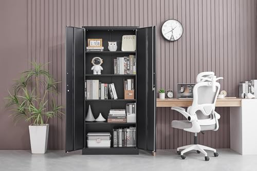 Image of Guizeeopo Metal Storage Cabinet with Adjustable Shelves, Garage Storage Cabinets with Doors and Shelves, File Cabinets for Home Office, Kitchen Pantry Cabinet, 71'H, Black