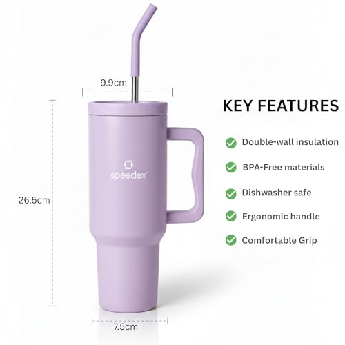Image of Speedex 1200 ml Insulated Stainless Steel Tumbler with Handle, Straw & Cleaning Brush, Double Wall Leakproof Sipper Bottle, 24H Cold 18H Hot, Cup Holder Fit Travel Mug for Men Women (Purple, 1.2 l)