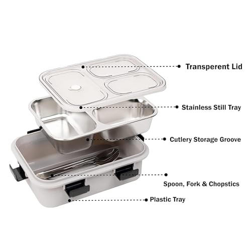 Image of Storescent Lunch Box with Compartment, Leak-Proof BPA Free Stainless Steel for School, Lunch Box for School & Office with a Fork, a Spoon and a Pair of Chopsticks (Grey, 3 Compartment)