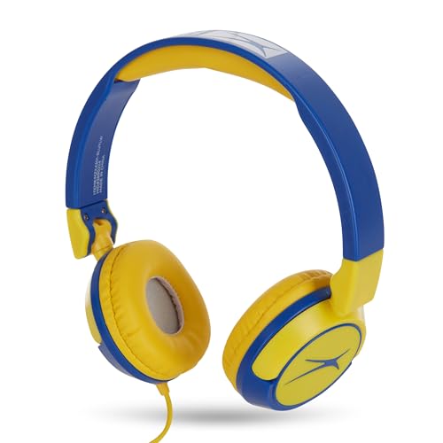 Altec Lansing Kid Safe Wired Headphones, Over Ear Headphones for Kids Ages 3-5, Volume-Limiting Toddler Headphones with Mic, Compact Foldable Kids Headphones with Cord, APA Approved (Blue/Yellow)
