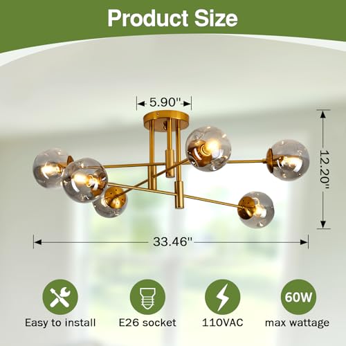 Image of 6-Lights Glass Globe Chandelier Modern Flush Mount Ceiling Light Fixture Gold Farmhouse Lighting for Dining Room Living Room Bedroom Kitchen Passageway.