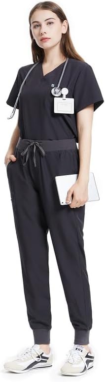 Uniforms World Scrubs for Women Set - Stretch Scrub Top & Pants with 8 Pockets, Yoga Waistband, Anti Wrinkle, Slim Fit