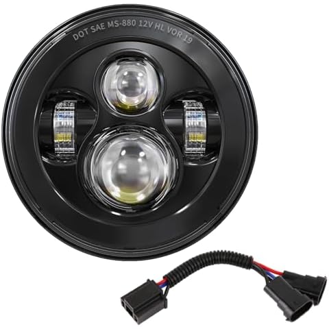 BICYACO Black 7 Inch Motorcycle LED Headlight+ H4 to H9/H11 Wire Harness Adapter Cover